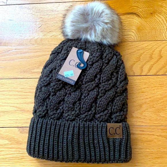 C.C Exclusive Pom Pom Hat, Fleece Lined. New Olive - Picture 1 of 4